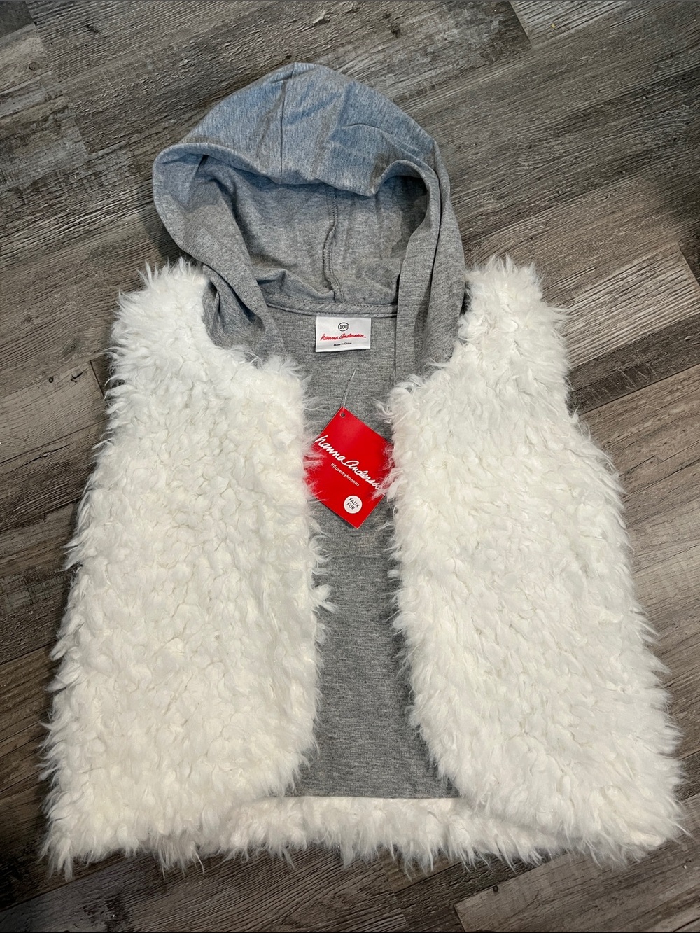 HA White Faux Fur Vest with Gray Hoodie - Layered Look NWT size 100 cm/ 4
